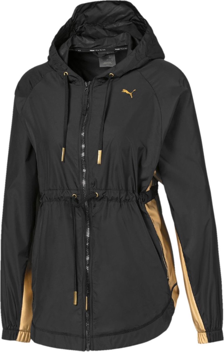 jacket, windbreaker, hooded, drawstring, black