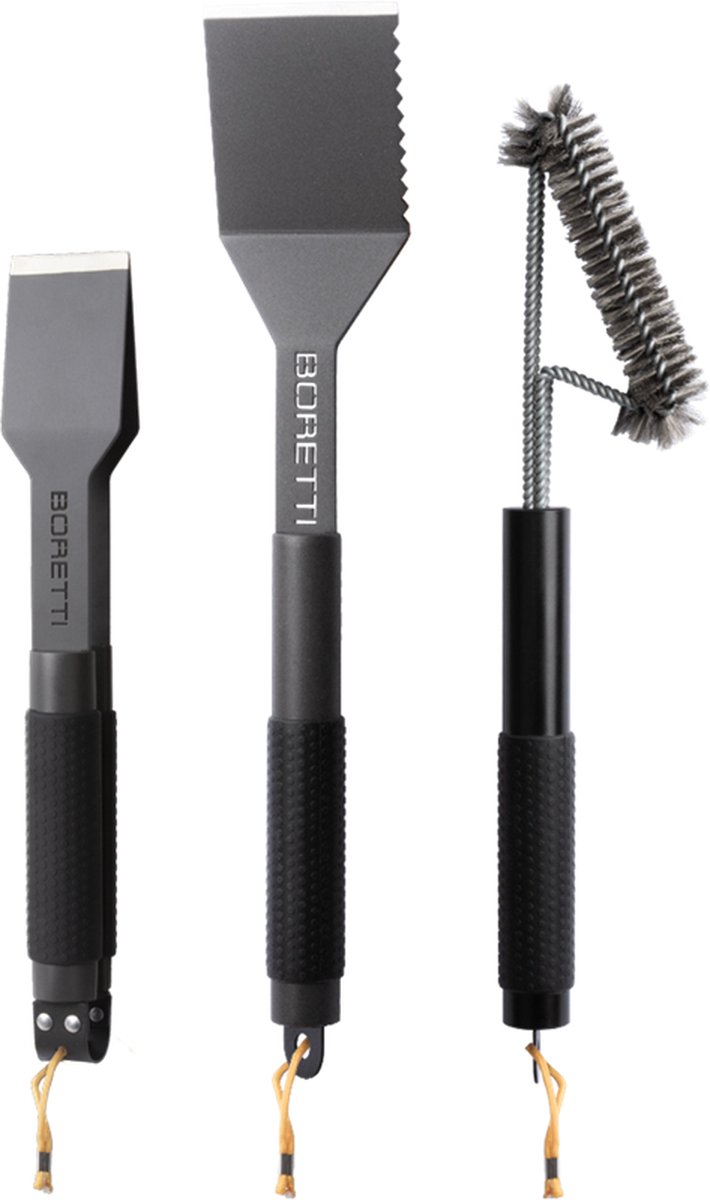 Boretti - Barilo 3-delige barbecue set - Borstel - Tang compact - Spatel - Anti-slip handvaten - Ophangoogjes