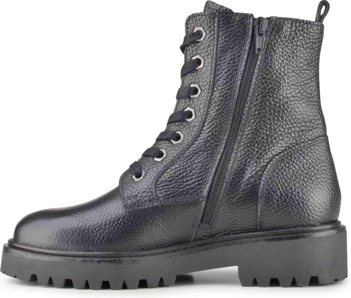 PS Poelman Leta Dames Leren Enkellaarzen - 38 - met Veters en Rits - Zwart Tumble Print