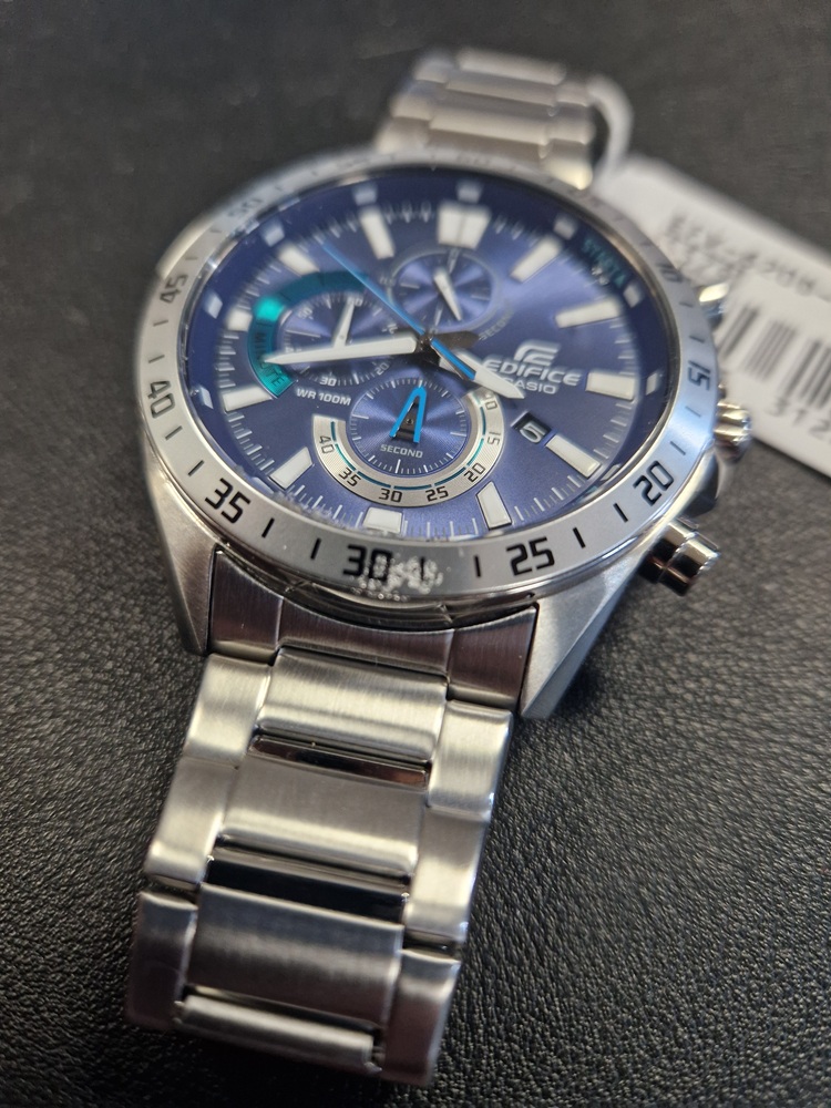 horloge, polshandel, stalen band, blauw wijzerplaat, chronograaf