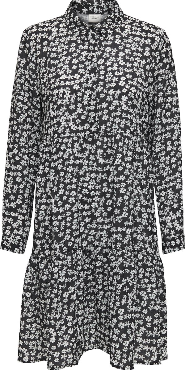 jurk, bloemenprint, kraag, lange mouwen, knielengte
