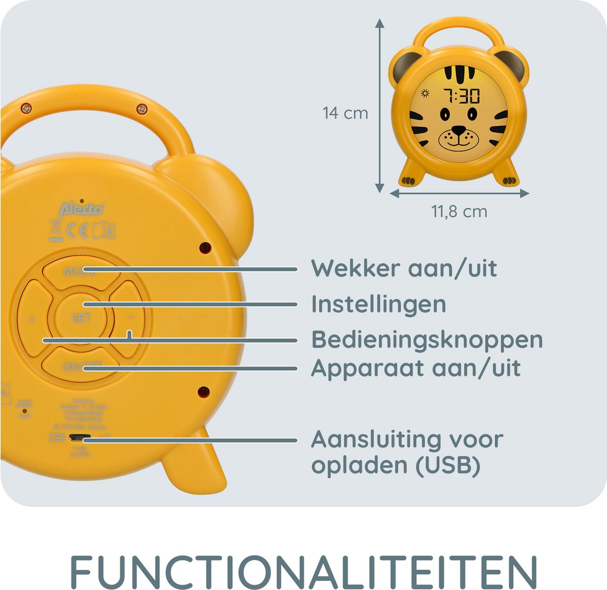 Alecto BC100TIGER - Slaaptrainer voor kinderen - Kinderwekker met Nachtlamp en Wekker - Tijger