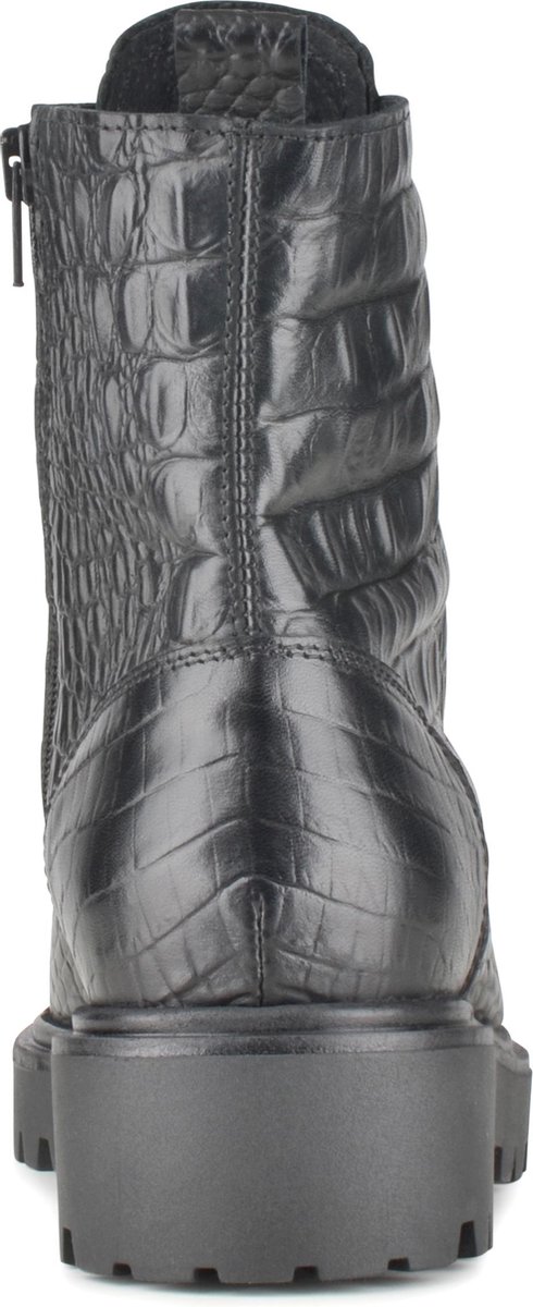 PS Poelman - Maat 39 - Leta Dames Leren Enkellaarzen met Veters en Rits - Zwart Croco Print