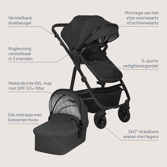 Lionelo Bianka Kinderwagen 3 in 1 - Reiswieg + Wandelwagen + Autostoel - Grote Luchtbanden, Volledige Vering - Inklapbaar - Verstelbare duwstang - Buggy Omkeerbare Zitting - 0-22kg - Accessoireset - Zwart