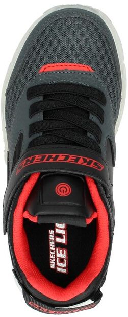 sneaker, mesh upper, black, red accents, strap closure