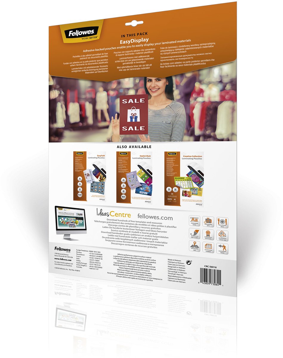 laminatede zakjes, display, verpakking, advertentie, fellowes