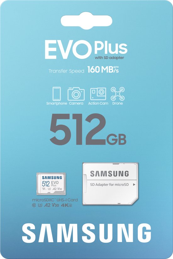 Samsung EVO Plus - Micro SD Kaart - Inclusief SD Adapter - 160 MB/s - 512GB