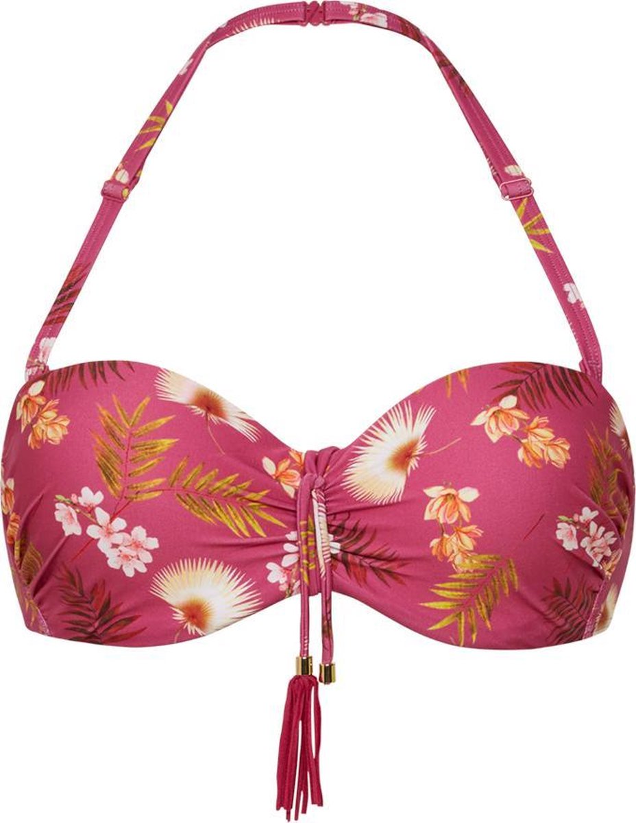 bikini top, tropisch patroon, pink band, tassels, halter bikini