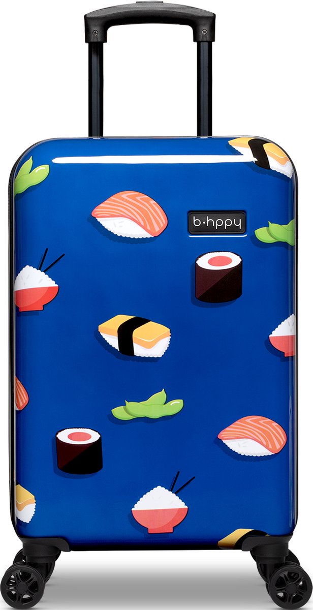 koffer, reiskoffer, rollende koffer, sushi print, blauw