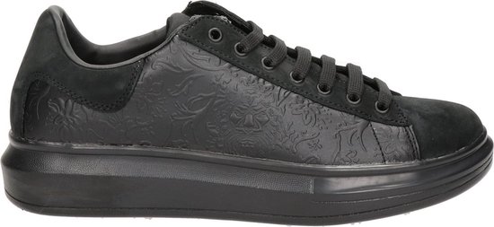 sneaker, zwart, gestructureerd, laag profiel, veters