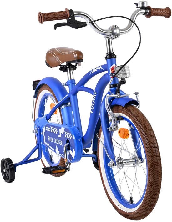 fietsen, blauwe fiets, trapper wieltjes, bruin zadel, noppenbanden
