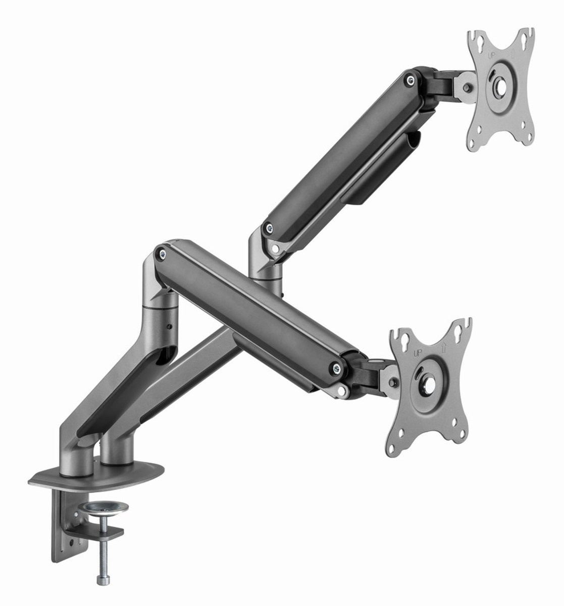 dual-arm monitor mount, articulating arm, wall/clamp mount, metalen legering, VESA compatibel
