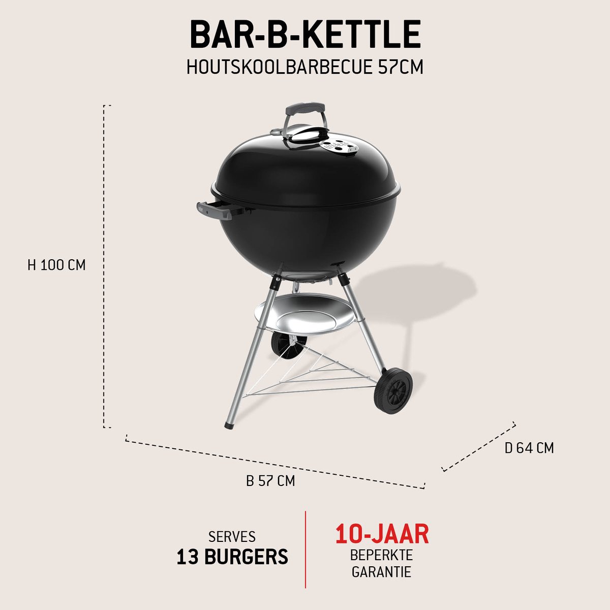 Weber Bar-B Kettle - Ø 57 cm Grillrooster - Houtskoolbarbecue - Zwart - Asopvangschaal - 2 Duurzame weersbestendige wielen - Dekselthermometer - 2 Gereedschapshaken - Kras- en roestbestendig