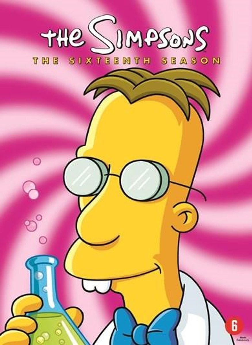 Simpson, wetenschappelijke cartoon, bril, labjas, beker