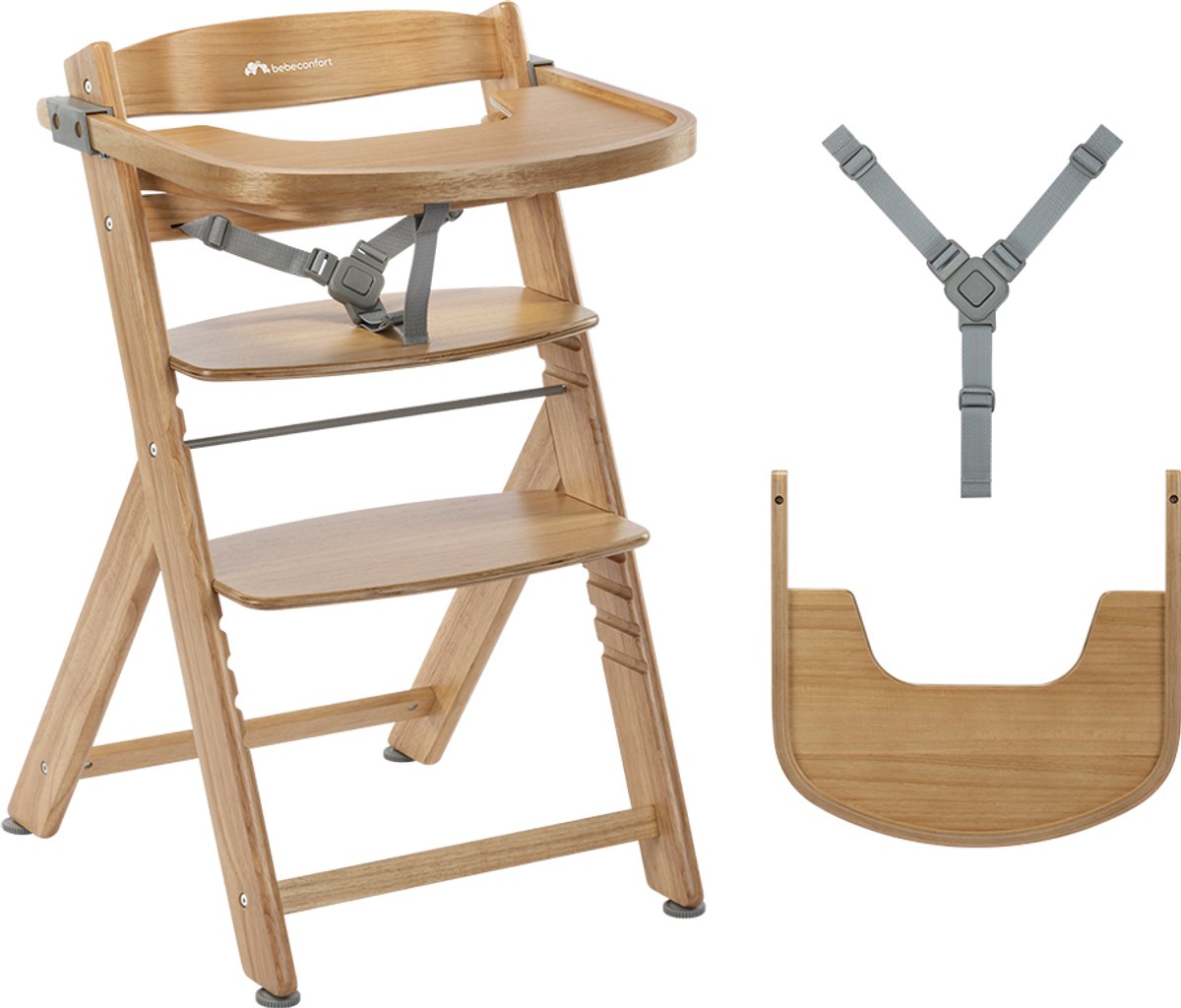houten kinderstoeltje, verstelbare hoge stoel, kinderstoel met veiligheidsriemen, houten high chair, rembare guard/strap