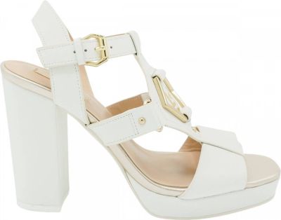 kleur, wit, hoge hak, sandalen, metaaldingsluiting