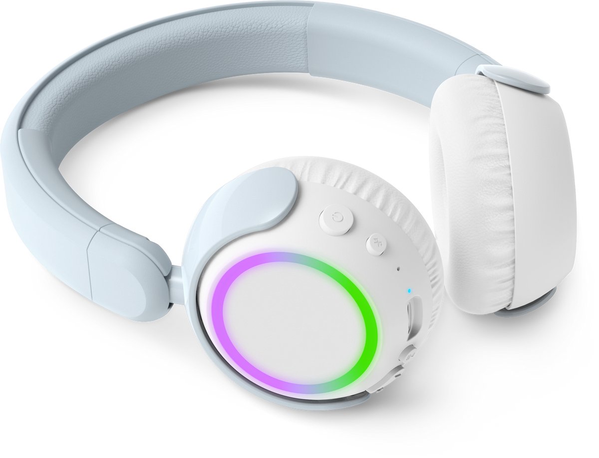 PHILIPS TAK4200BL On Ear draadloze opvouwbare hoofdtelefoon voor kinderen - 45 uur afspeeltijd, beperkt volume, Audio delen, laadkabel meegeleverd - Ambiant verlichting - Licht Blauw / Wit
