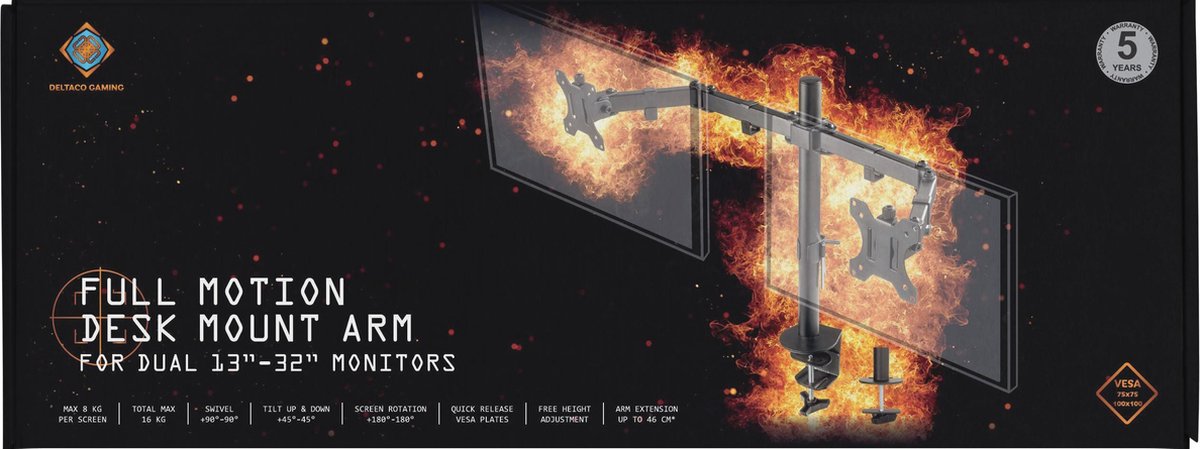 Deltaco - Monitor Arm 2 Schermen - Bureausteun - Geschikt voor 13 tot 32 inch Schermen - Zwart