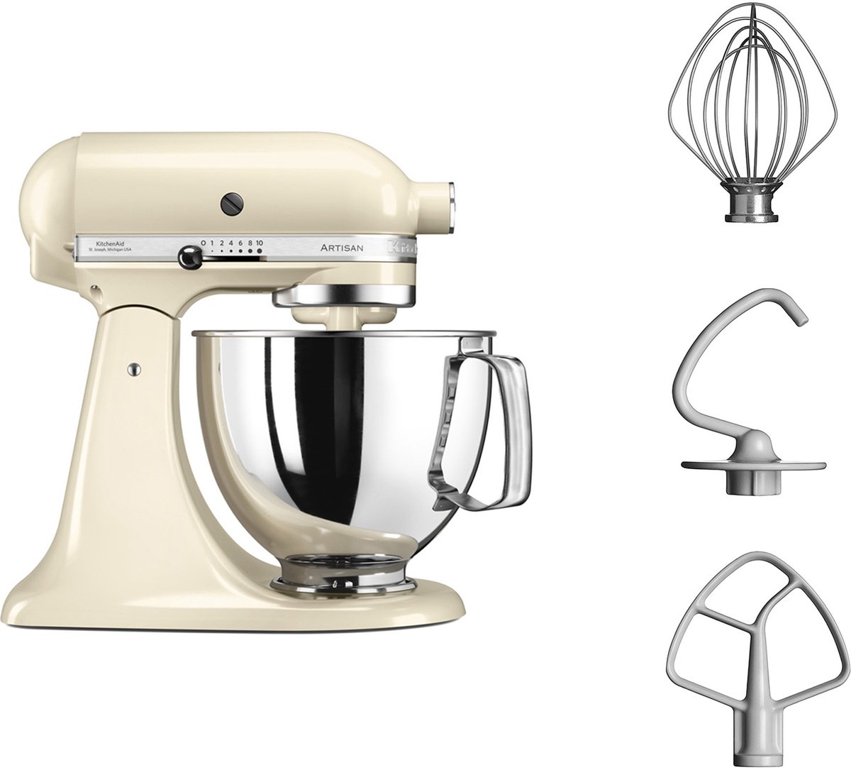 KitchenAid Artisan 5KSM125EAC - Keukenmachine - 4,8L - Amandel wit - 3 menghaken