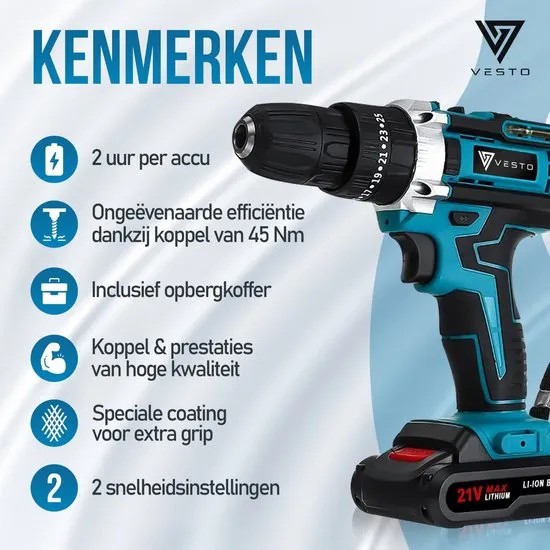 Vesto® PowerDrive Accuboormachine - Accu Schroefboormachine - Boormachine – Elektrische Schroevendra