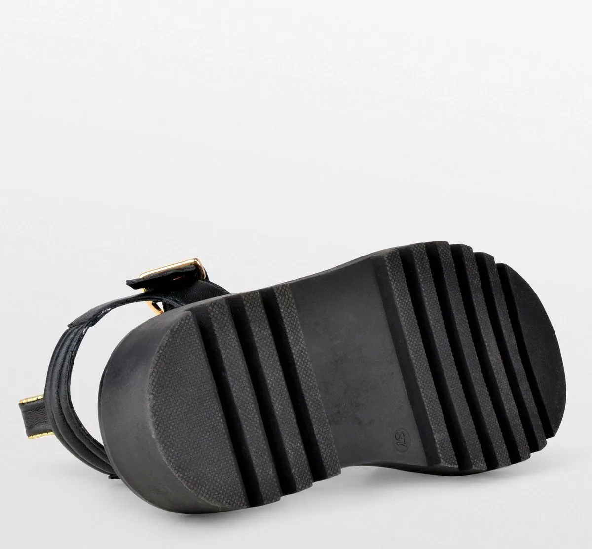PS Poelman SATURNOS Dames - Maat 39 - Leren Chunky Plateau Sandalen met Gouden Details - Zwart
