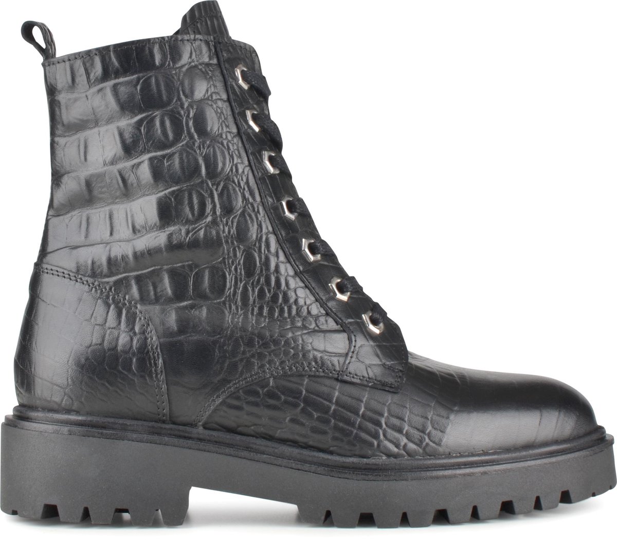 PS Poelman - Maat 39 - Leta Dames Leren Enkellaarzen met Veters en Rits - Zwart Croco Print