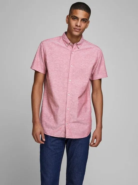 Jack and Jones - Maat XXL - Heren Overhemd Korte Mouw Rood Button-Down Slim Fit