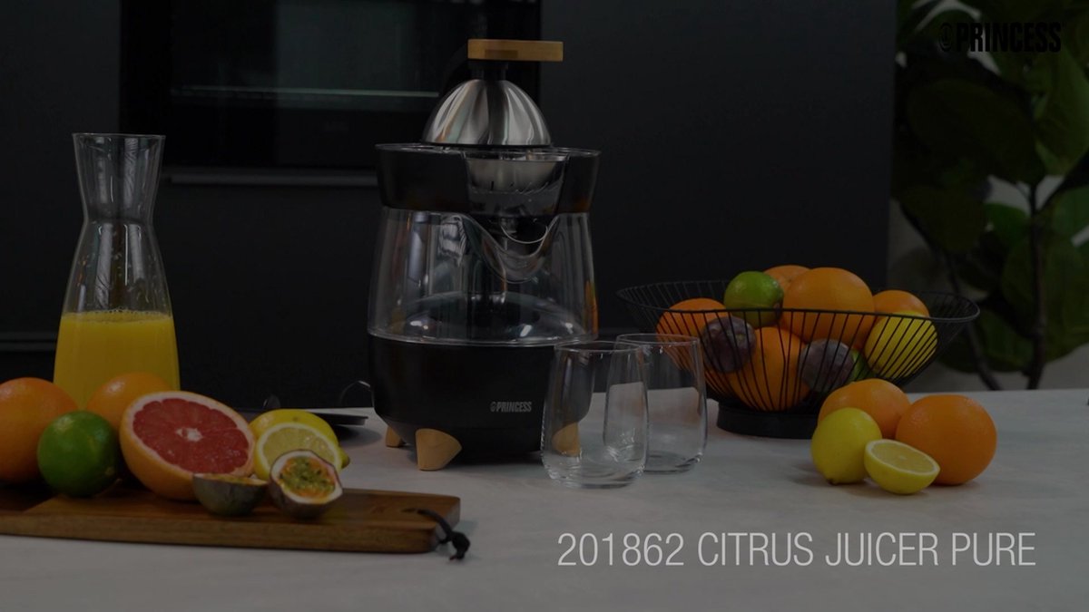 Princess Elektrische Citruspers Pure 201862 – Luxueus eigen design – 300 W – Zwart/Bamboe
