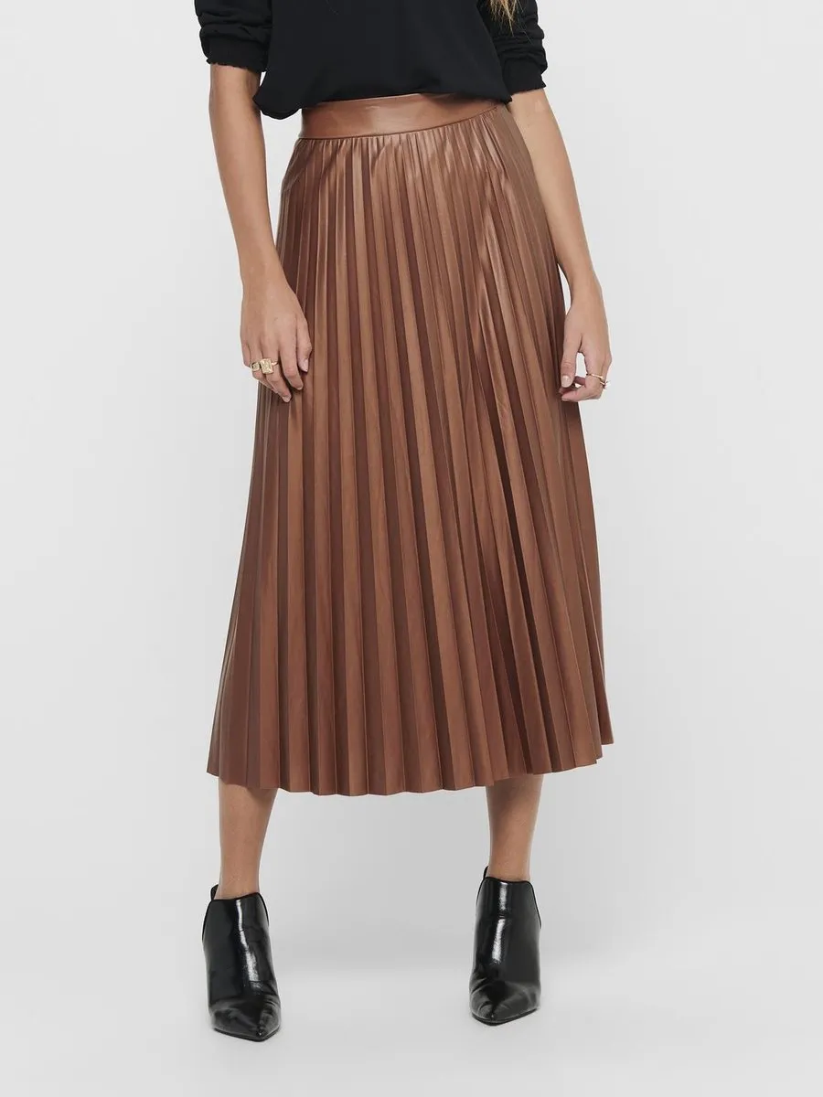 rokken, plissé, bruine rok, midi lengte, lederlook
