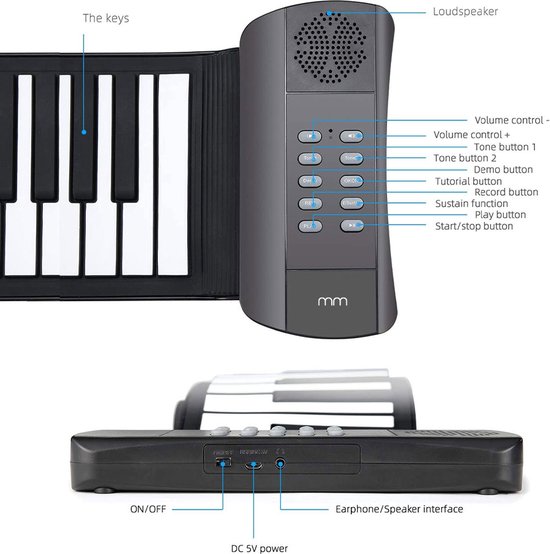 MikaMax Oprolbaar Keyboard – Digitale Piano – 61 Toetsen – 16 Instrumenttonen – Opname Functie – Ing
