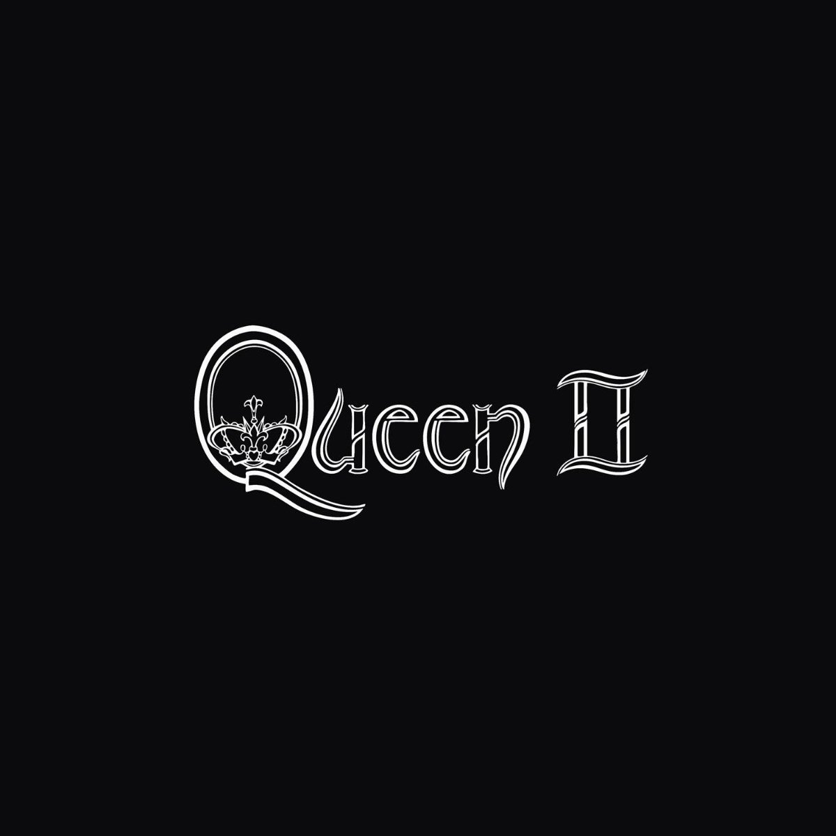 logo, Queen II, zwart vlak, witte tekst, kroon-motief