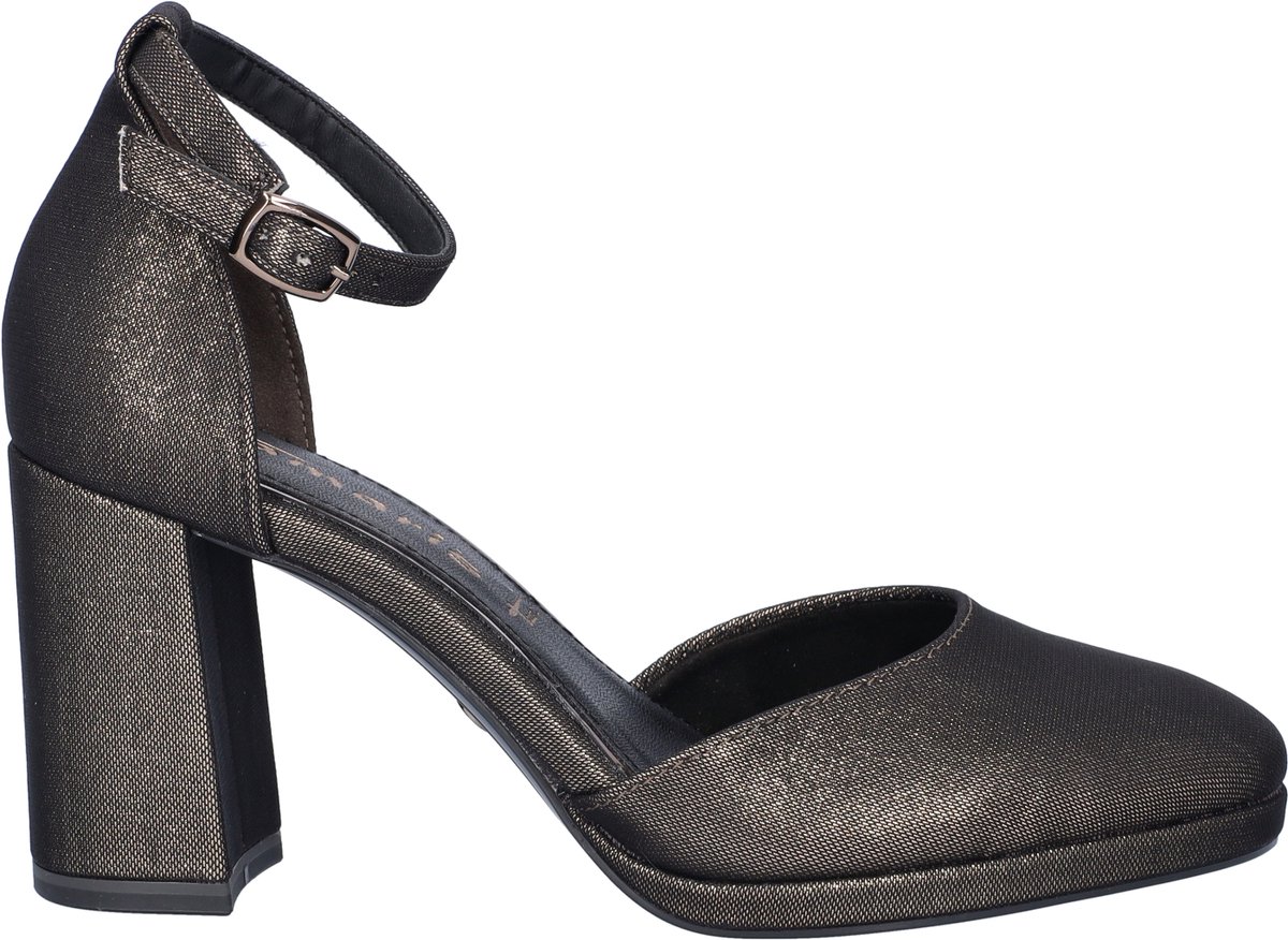 dameschoen, hoge hak, sleehak, antraciet, strappy enkelband