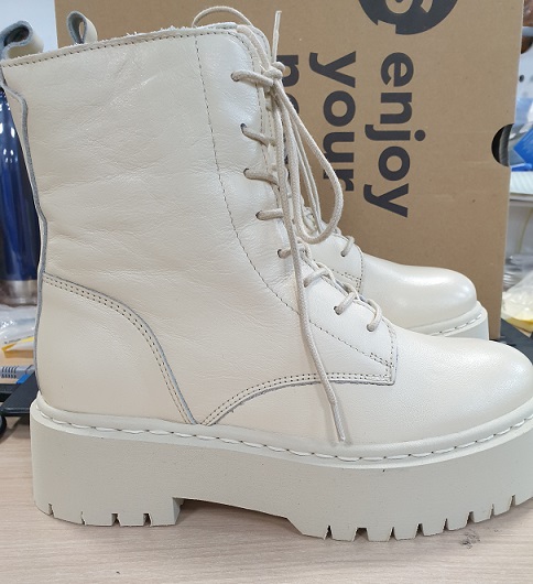 PS Poelman KIMMY - 36 - Dames Leren Chunky Veter Enkellaarzen - Beige Crème Wit - Maat 36