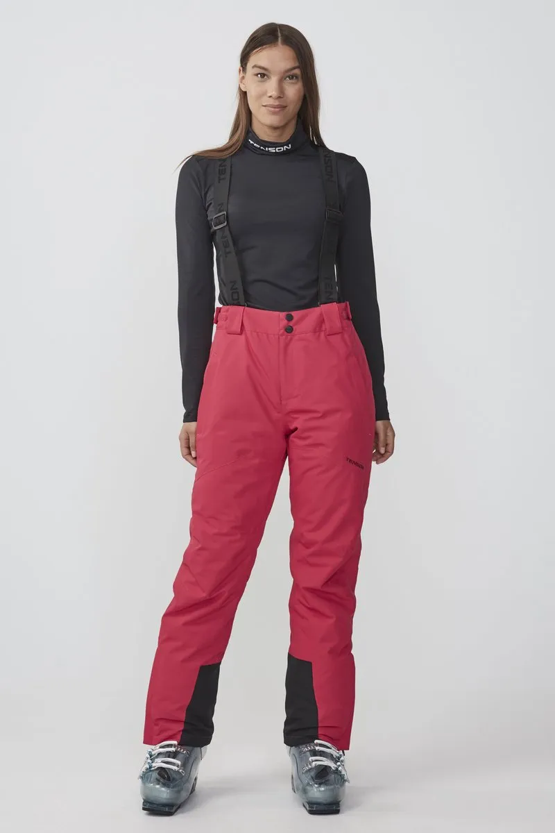 ski-broek, snowboardbroek, rode broek, bretels, neopreen kniehoge zakken