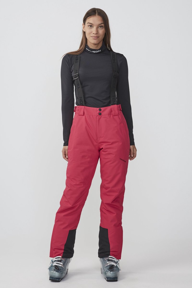 ski-broek, snowboardbroek, rode broek, bretels, neopreen kniehoge zakken