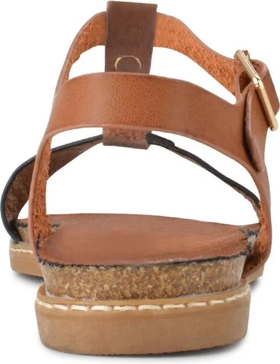 PS Poelman Dames Sandalen - Maat 40 - Lizzy - Cognac Bruin met Metallic Brons Snake Print