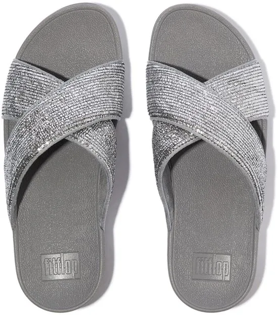 sandaal, slippers, witte zilver, crisscross band, glitter band