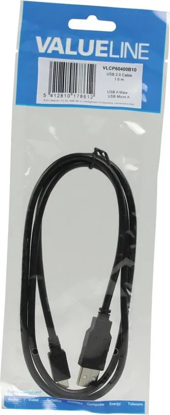 Valueline 1m, USB 2.0 A - micro A USB-kabel USB A Micro-USB A Zwart