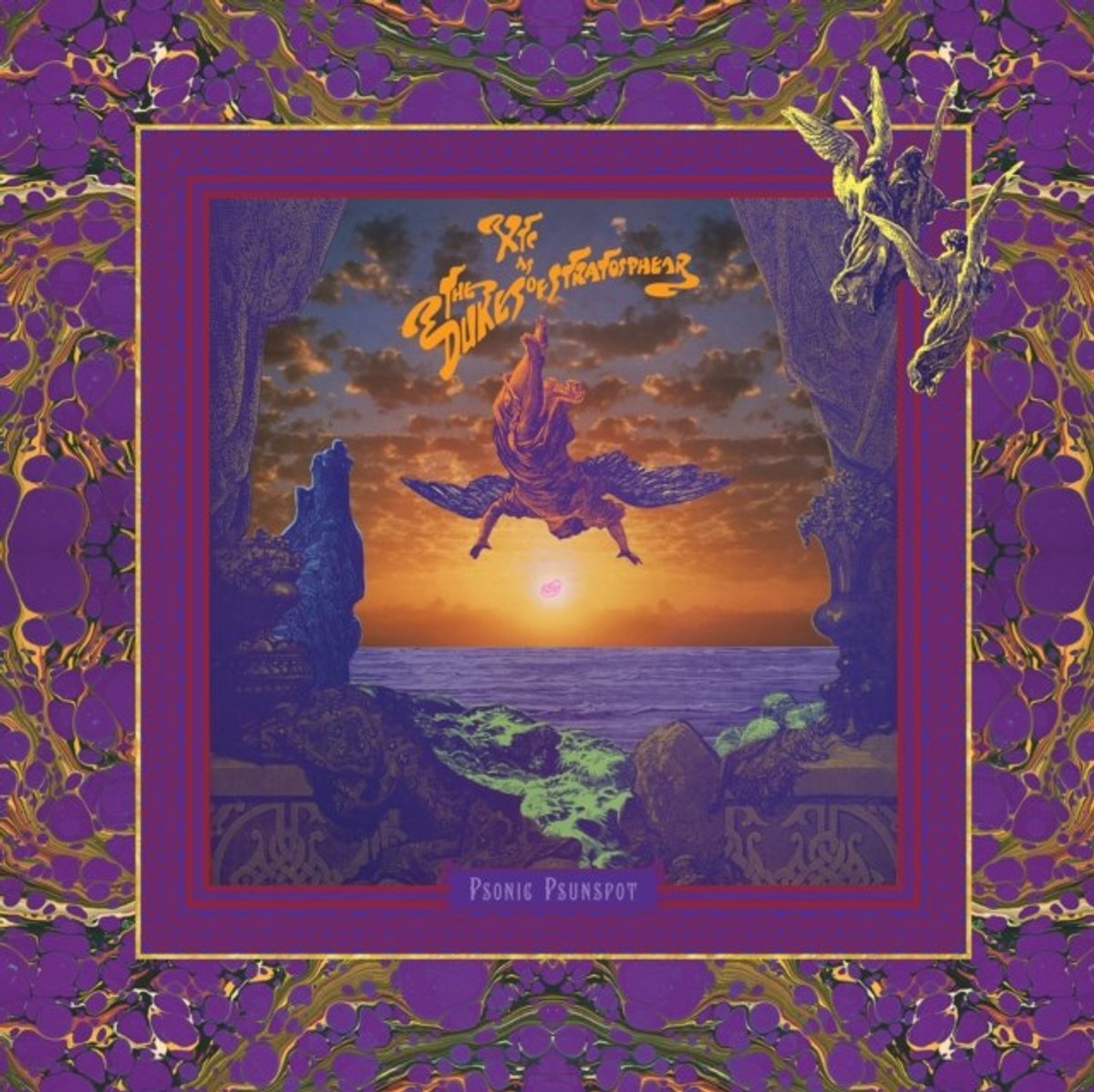 violet frame, paarse rand, zonsondergang scène, vliegende paard, albumhoes