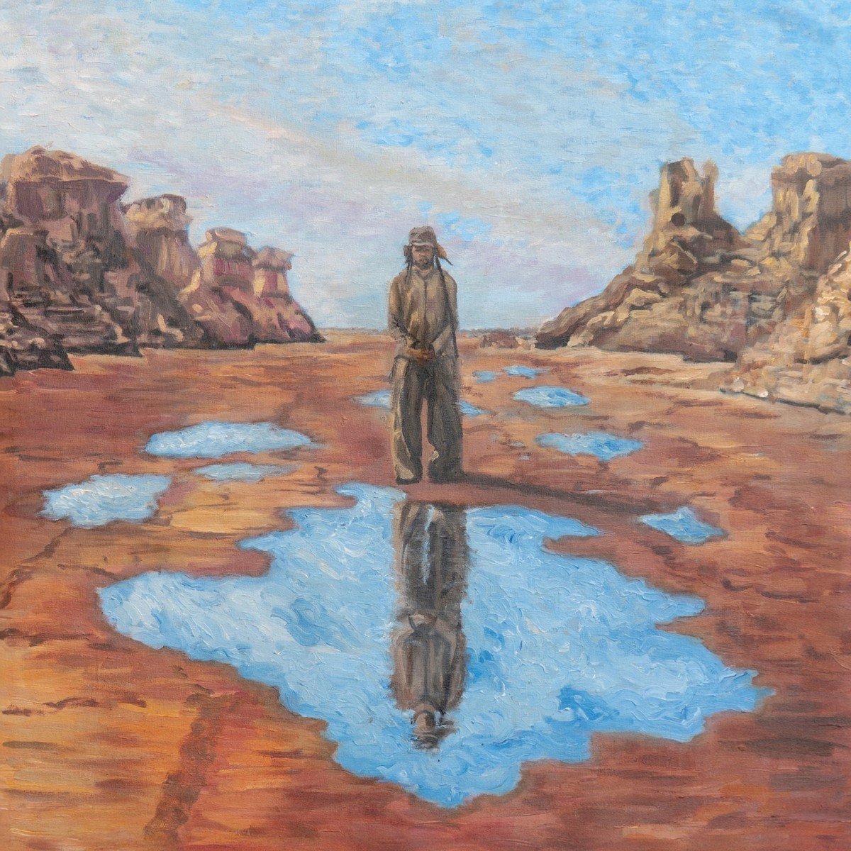 schilderij, wereldkaart/landschap, waterplas, witte regen/jas, reflectie