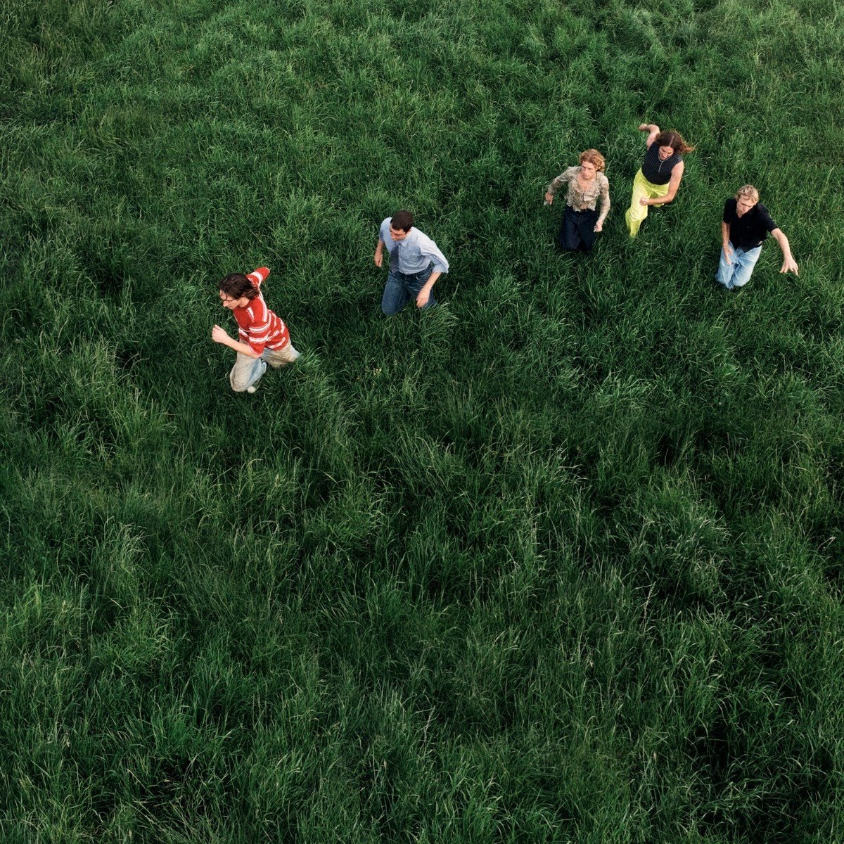groene veld, veld met gras, groep mensen, luchtopname, kleding van katoen
