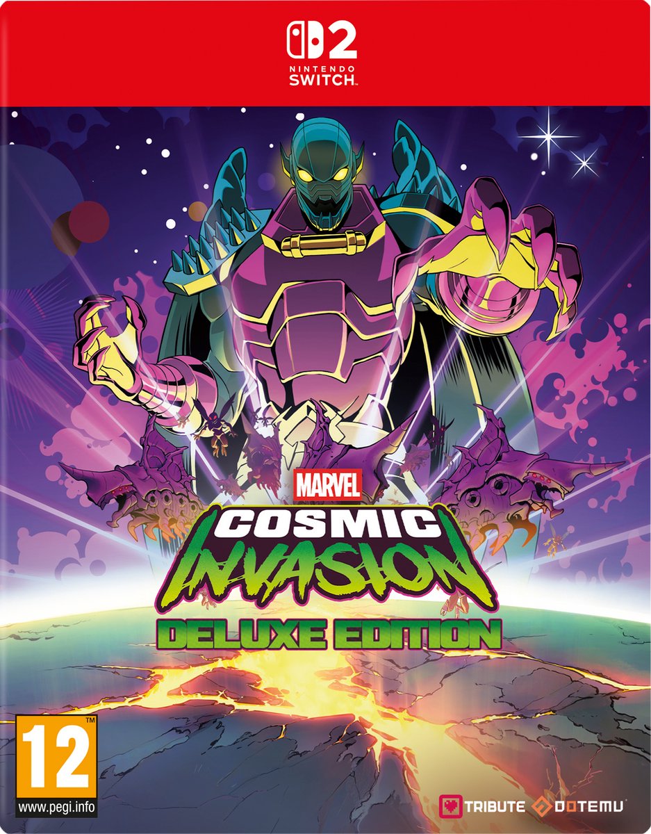 cosmic invasion, deluxe edition, video game cover, alien creature, purple suit