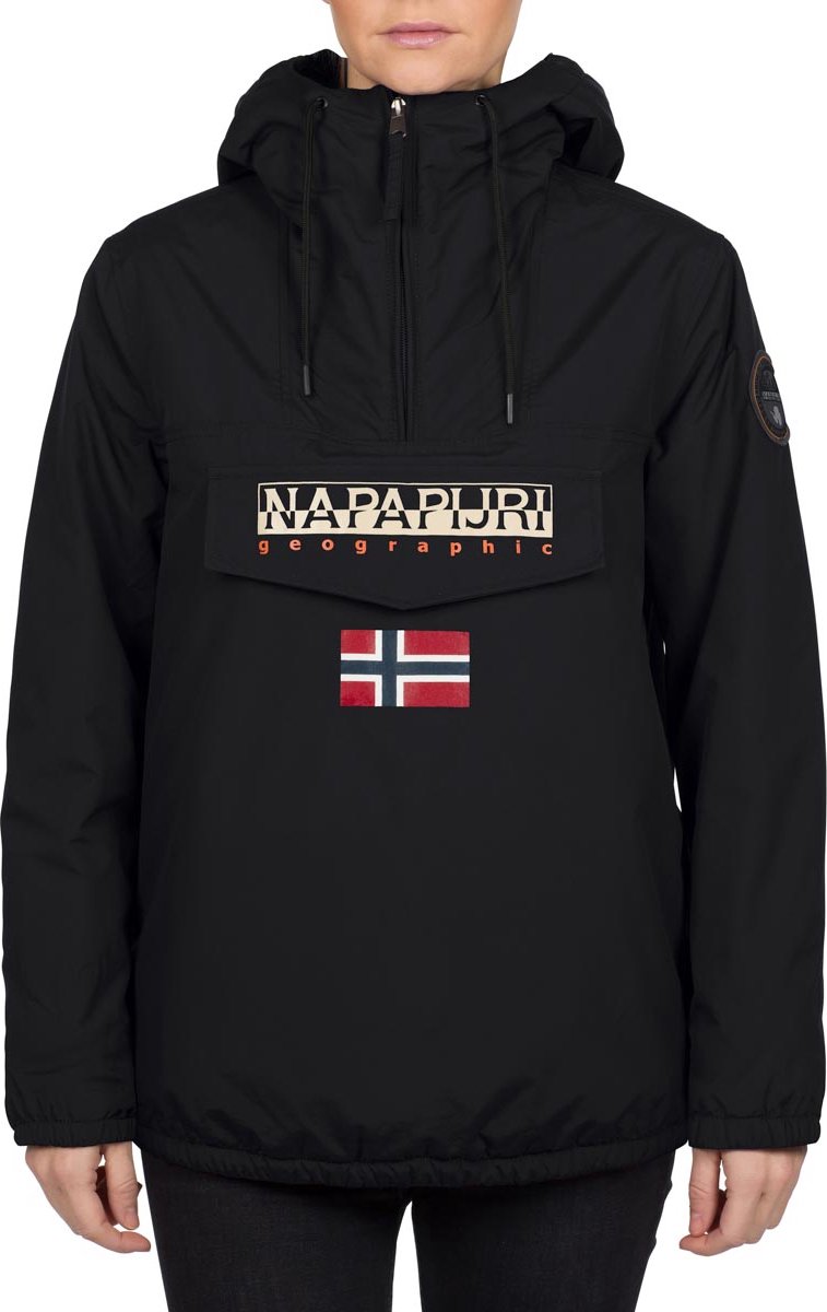 jacket, anorak, hooded, black, geographic