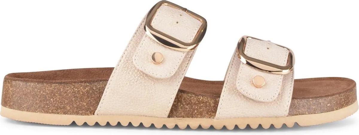PS Poelman CURA Dames Faux PU Imitatie - Maat 40 - Leren Sandalen met Gespen - Metallic Licht Beige