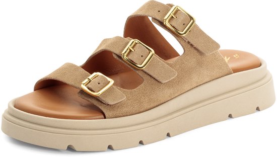 sandal, drieband, gesp, suede, beige