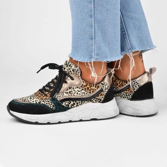 PS Poelman Sneakers Suède met Furry Luipaard Print en Metallic Dames - Zwart Multi - Maat 40