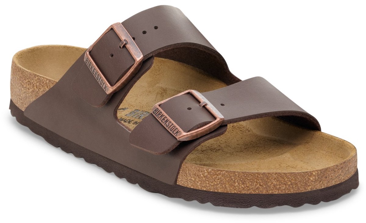 sandaal, twee gesp, bruin, leer, korkzool