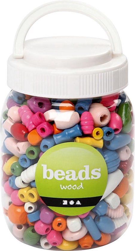 Creotime Houten kralen, afm 5-28 mm, kleuren assorti, 200 gr, 400 ml