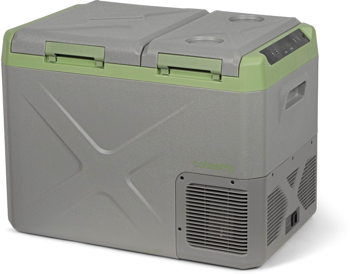 Steamy-E Elektrische Compressor Koelbox - Dual Compartment - Tegelijk koelen en vriezen - 32 liter - 12V en 230V - voor auto en camping - Grijs