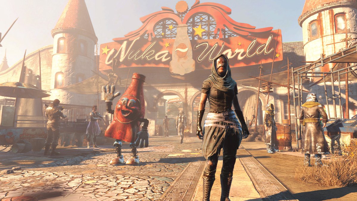 Nuka-World, game scene, post-apocalyptic, character, streetside